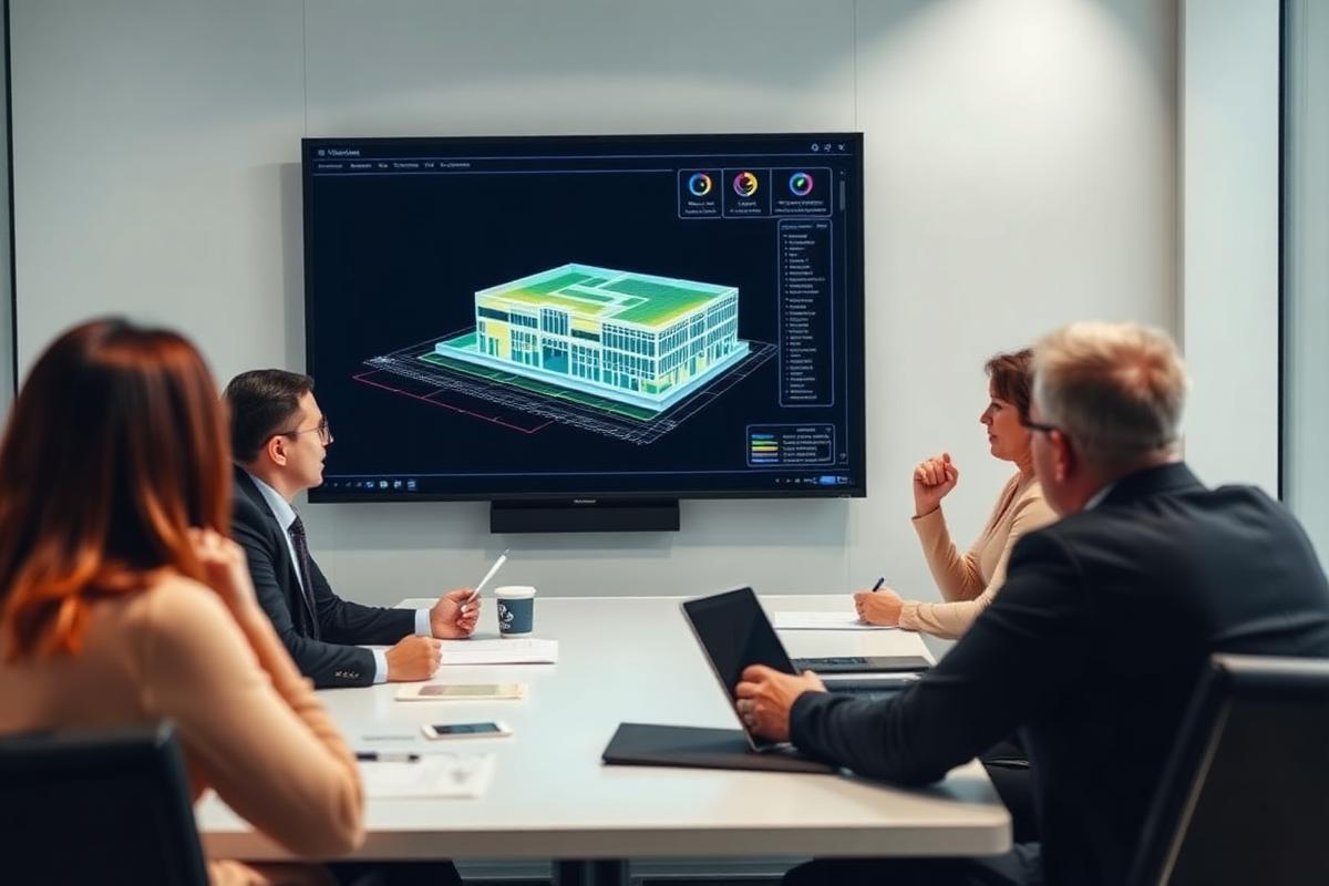 Boardroom team reviewing a 3D point cloud building scan on a large screen