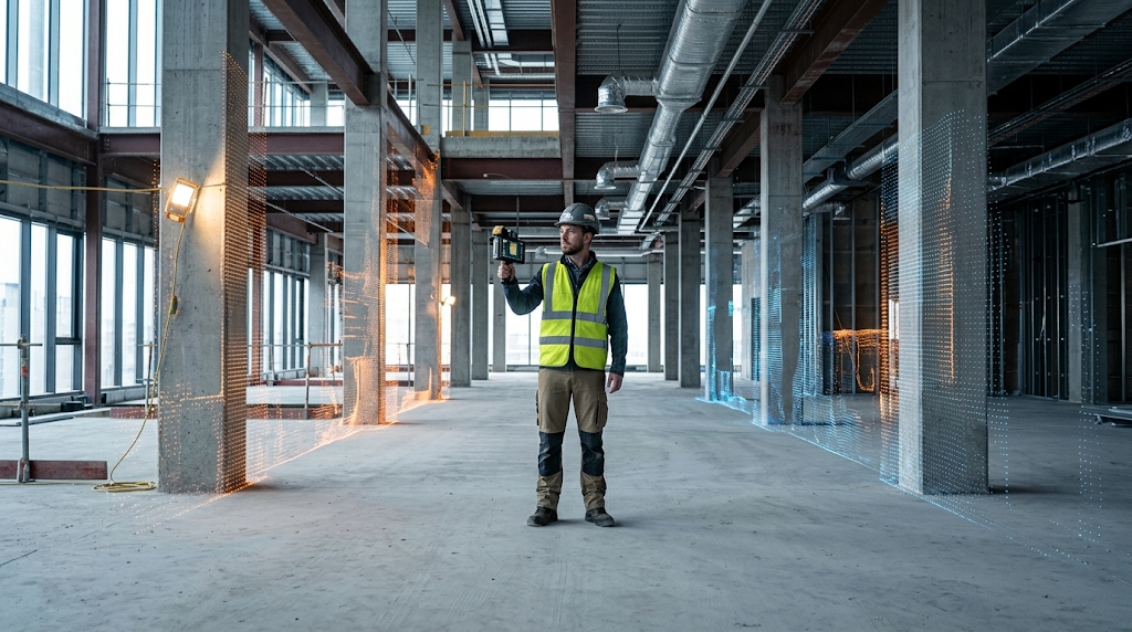 Surveyor operating a handheld mobile SLAM LiDAR scanner inside a building under construction