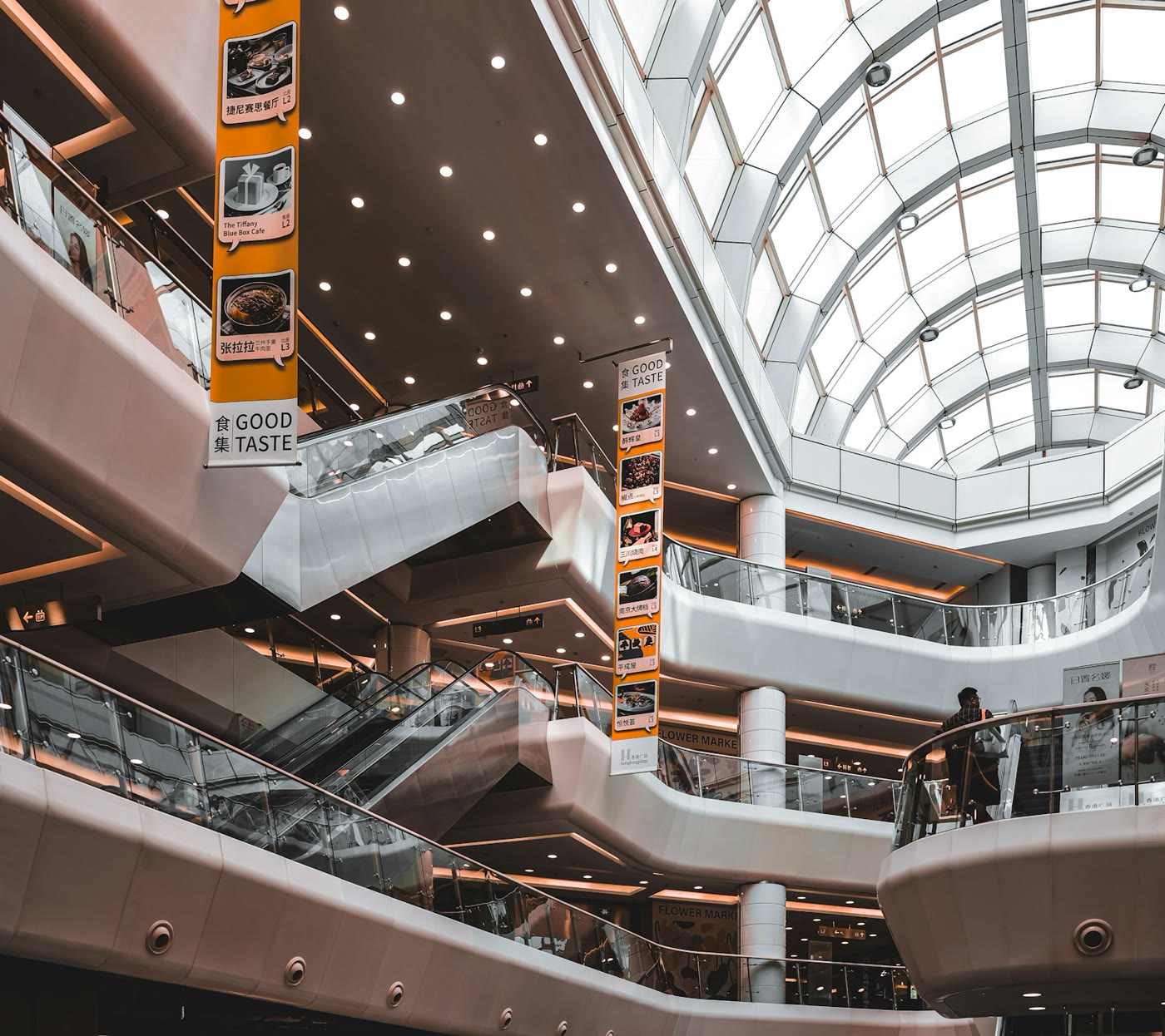 Multi-level shopping center atrium with skylight