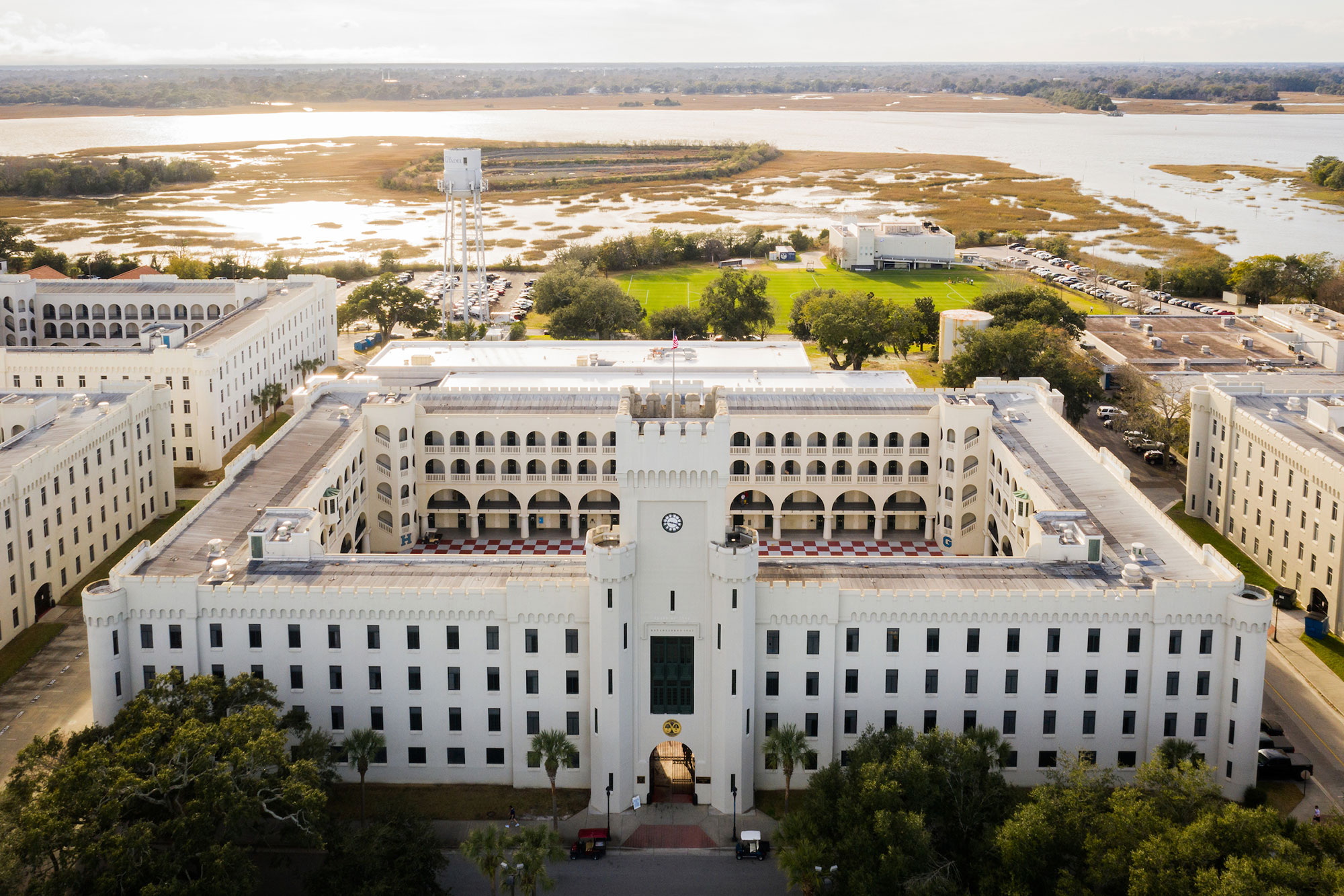 Aerial view of a university campus quadrangle